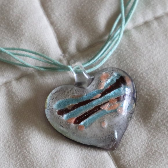 Unique Turquoise and Silver Glass Heart Necklace - Picture 1 of 5